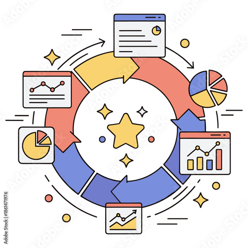 Colorful circular chart with data analytics and statistics elements