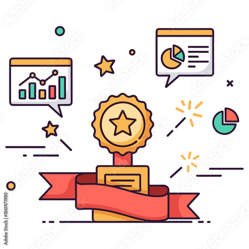 Award badge with graphs and charts celebrating achievement and success