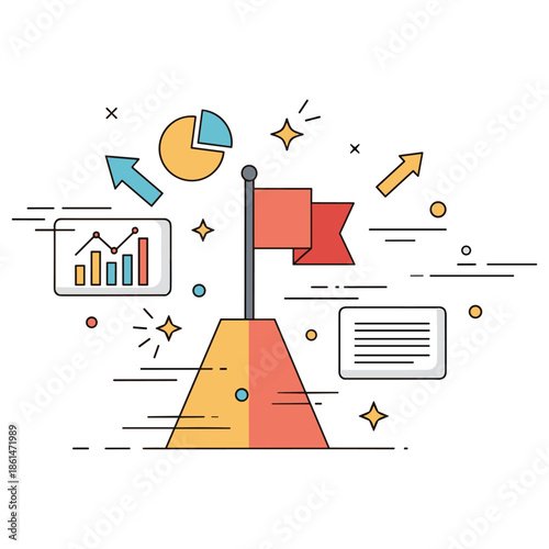 Conceptual illustration of business success with graphs and flag