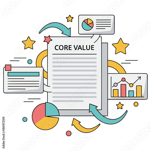 Core value document with charts and graphics in colorful illustration