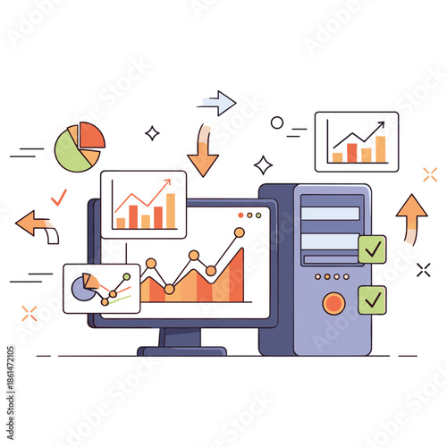 Data visualization on computer monitor with charts and graphs in modern office
