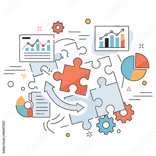 Data analysis and graphs concept featuring charts and puzzle pieces