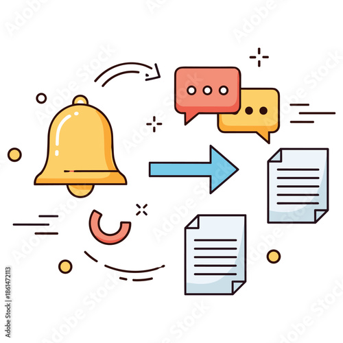 Notification workflow with bell, chat bubbles, arrows, and documents