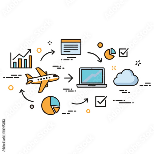 Business travel planning concept with charts and technology icons