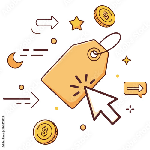 E-commerce icon with price tag, coins, and clickable cursor design
