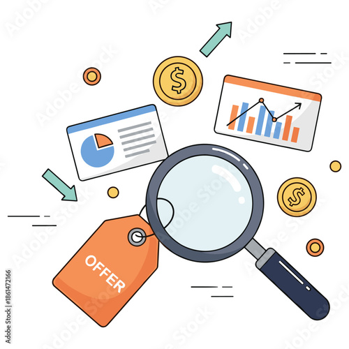 Business analysis and financial growth concept with graphs and magnifying glass