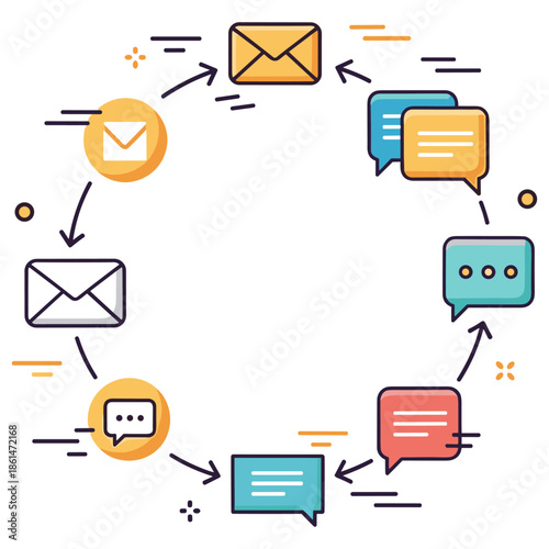 Communication process illustration with email and chat icons