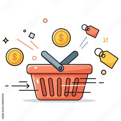 Shopping basket with floating coins and price tags illustrating ecommerce concept
