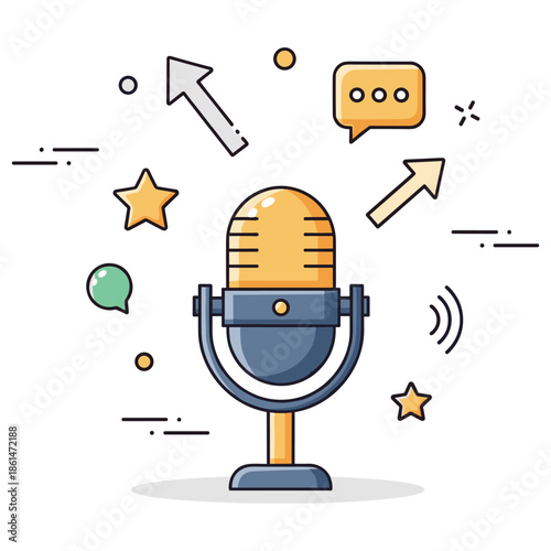 Colorful animation of a vintage microphone surrounded by stars arrows and speech bubbles