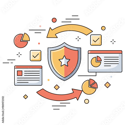 Abstract data visualization with security shield and analytics elements