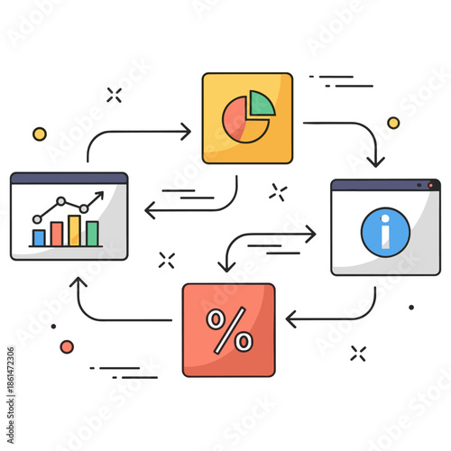 Data visualization process with charts, percentages, and information icons