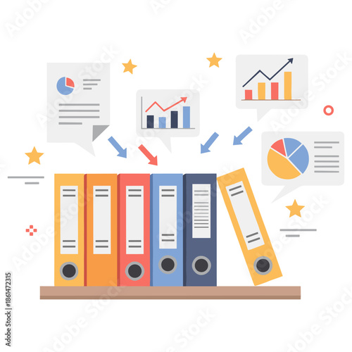 Colorful office binders with data charts and graphical elements