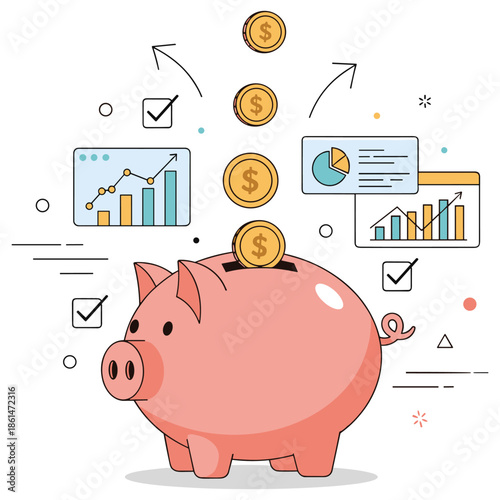 Pink piggy bank with gold coins and financial growth charts
