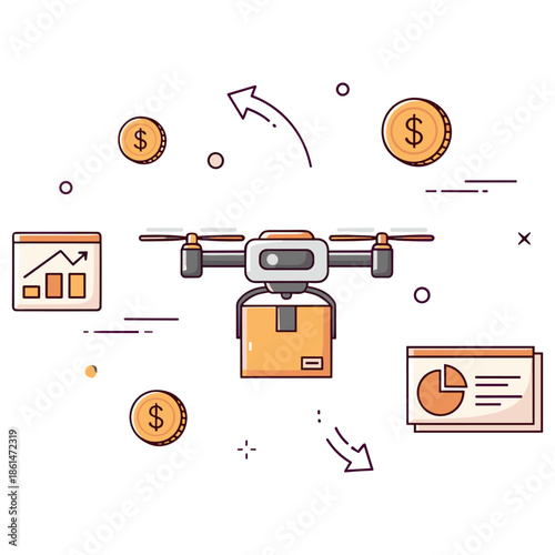 Illustration of drone delivery service and financial growth symbols