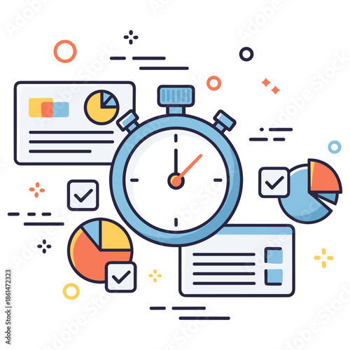 Colorful stopwatch with analytics charts and graphs illustrations