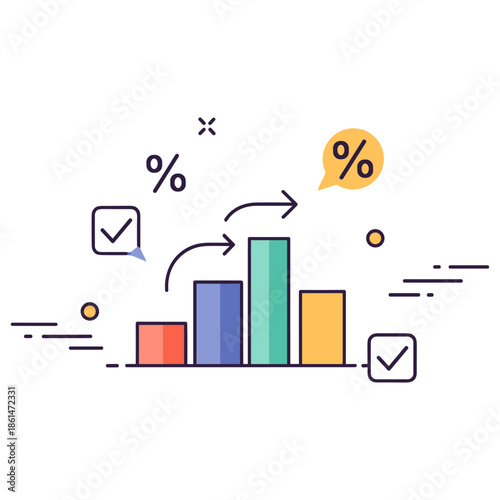 Colorful bar graph with arrows and percentage symbols on white background