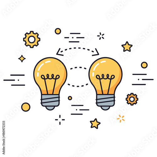 Creative innovation with light bulb ideas and gear icons in flat design