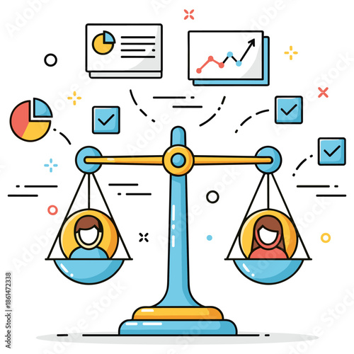 Gender equality concept with balanced scale and data charts