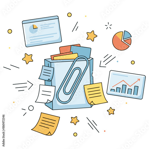 Office supplies and data charts in creative illustration design