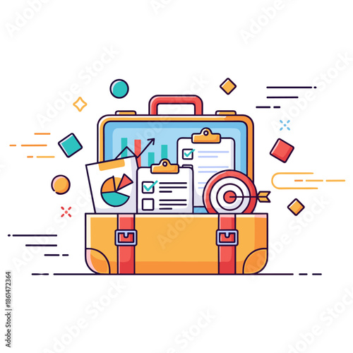 Business briefcase with charts and target icon symbolizing planning and success