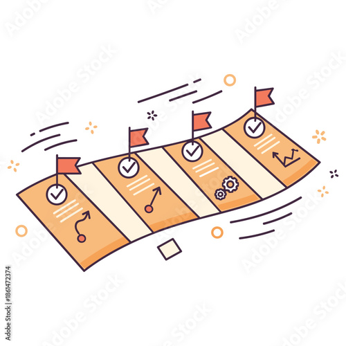 Infographic of project milestones with flags and checkmarks in linear timeline