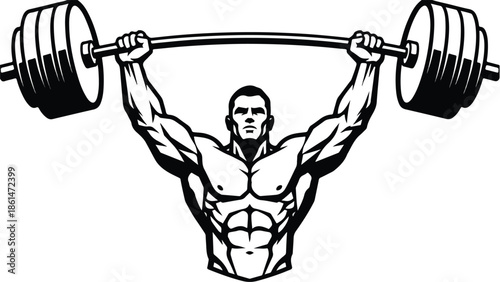 Muscular man lifting heavy barbell overhead in a powerful display of strength.
