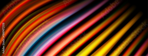 Colorful stripes curve across image. Bright hues blend, creating dynamic visual effect. Black background emphasizes vibrant lines.