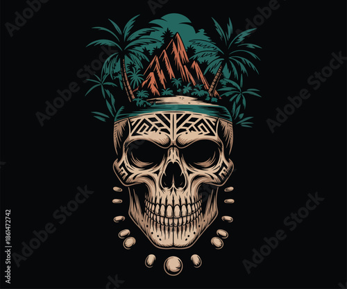 Graphic vintage skeleton warrior volcano island logo, t-shirt & brand design. Tattoo art style, retro colors, bold lines. Perfect for apparel, merchandise, emblems
