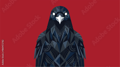 Mysterious Raven with Glowing Eyes on a Striking Red Background.