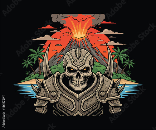 Graphic vintage skeleton warrior volcano island logo, t-shirt & brand design. Tattoo art style, retro colors, bold lines. Perfect for apparel, merchandise, emblems