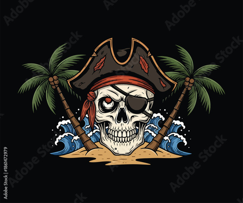 Graphic vintage skeleton warrior volcano island logo, t-shirt & brand design. Tattoo art style, retro colors, bold lines. Perfect for apparel, merchandise, emblems