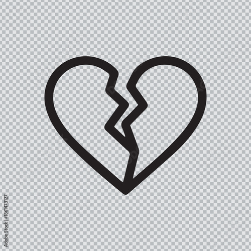 Simple black outline broken heart icon representing heartbreak, sadness, and separation isolated on transparent background for emotional and relationship design.