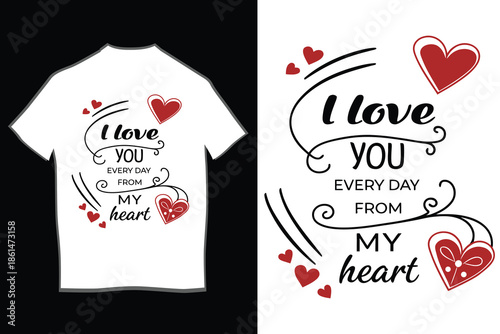 Print Be my valentine romantic t-shirt design featuring a vibrant red rose, cupid's arrow, and scattered hearts.