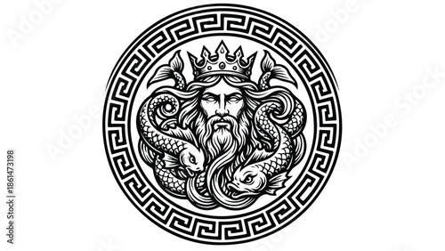 Neptune King of the Sea with Fish and Crown.