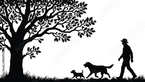 Silhouette of a man walking with two dogs under a tree, enjoying nature and outdoor activities in the countryside