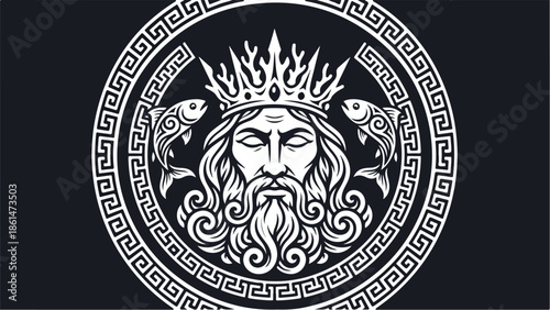 Poseidon God of the Sea with Fish and Greek Pattern.