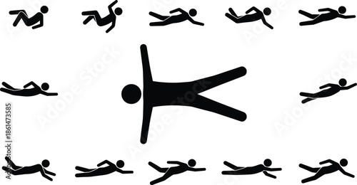 Silhouette of a person in various swimming and water exercise poses, demonstrating body movements and fitness training in water