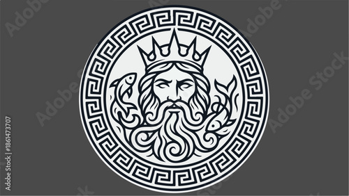 Poseidon King of the Sea with Fish and Greek Key Border.