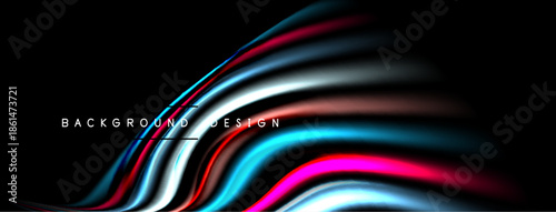 Abstract dynamic lines create vibrant, flowing shapes. Colors blend, forming modern background design. Dark backdrop emphasizes luminosity.