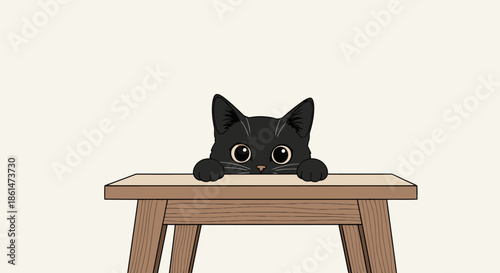 A cute black cat with big eyes peeking over a simple wooden table on a light background.