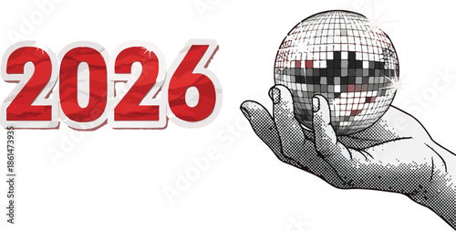 Hand holding a disco ball with the year 2026, symbolizing celebration and future events.