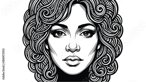 Striking Black and White Portrait of a Woman with Intricate Curly Hair.