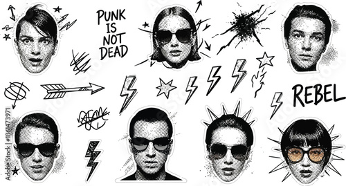 Bold portraits and edgy graphics capture a rebellious spirit with a punk aesthetic.