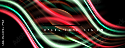 Abstract neon lines create dynamic flow. Vibrant red, green hues contrast dark background. Modern design element.