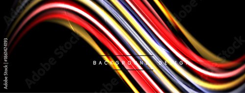 Dynamic colorful lines flow across black background. Modern abstract design creates vibrant visual impact. Smooth curves suggest movement, energy.