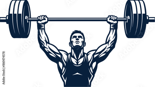 Strong man lifting heavy barbell overhead in a gym showcasing power and determination.
