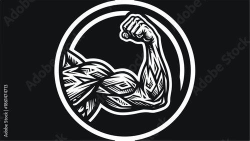 Strong muscular arm flexing in a circular emblem design.