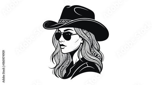 Stylish Cowgirl with Sunglasses and Hat Vector Illustration.