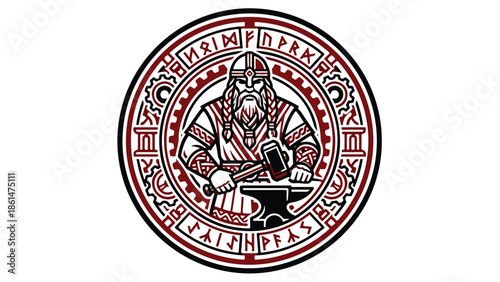 Viking Blacksmith Crafting Metal with Hammer and Anvil.