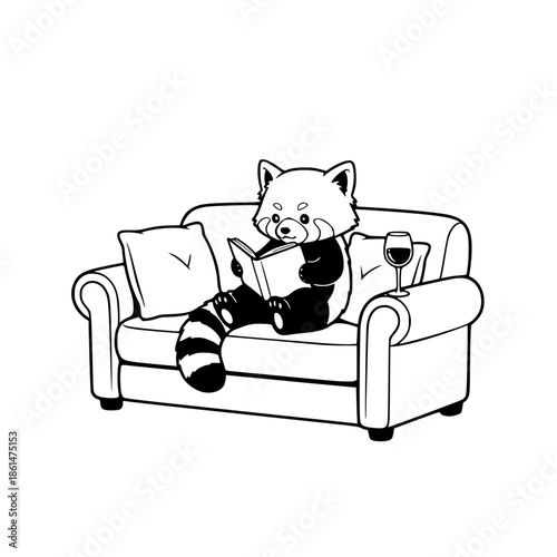 Hand-Drawn Red Panda on Sofa with Wine and Book, Minimalist Black and White Cozy Lounge Illustration generatove ai 